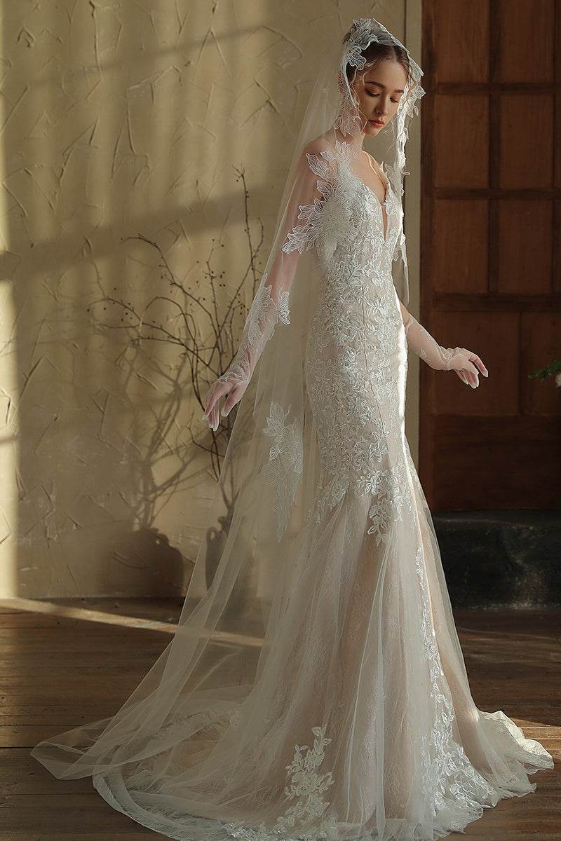 One-tier Lace Edge Tulle Lace Cathedral Veils with Appliques 888802558270 - COCOMELODY